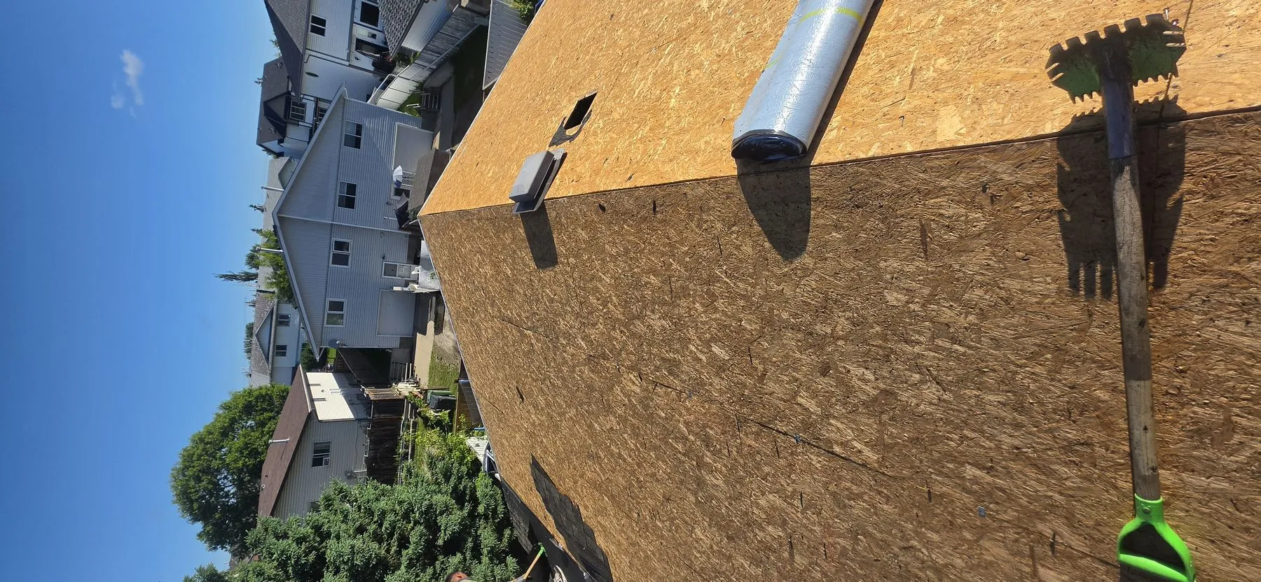 Exposed roof deck during a full replacement in Strathmore